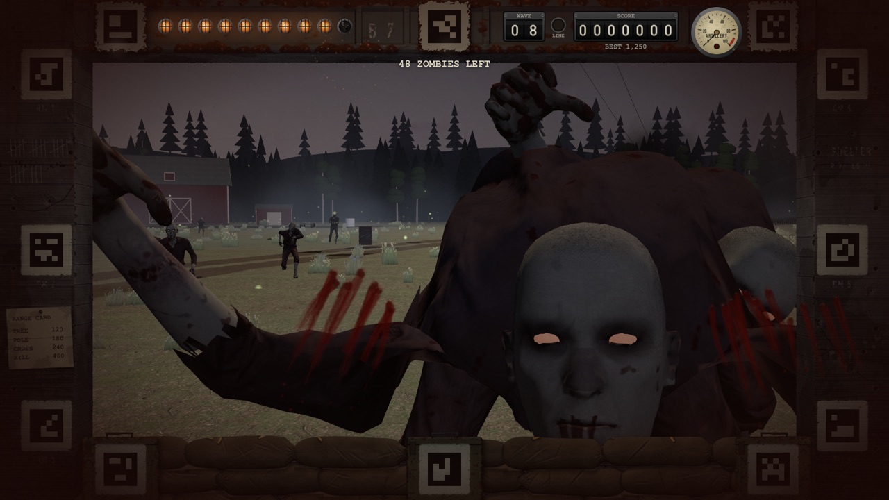Zombierna väller fram mot bunkerns glugg / The horde coming at the bunker's gun slit